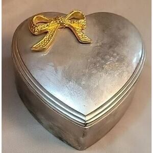 Vintage Silver Plated Heart Shaped Trinket Box with Gold Tone Bow